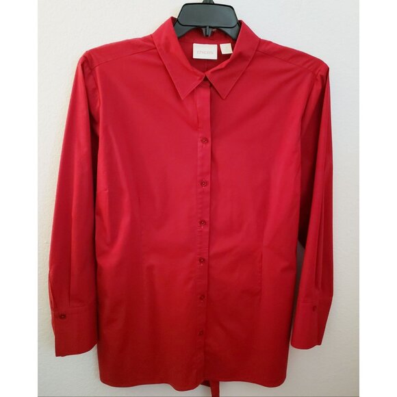 Chico's Red Cotton Blend Tie Front Tunic Shirt Top Size L EUC - Picture 2 of 9